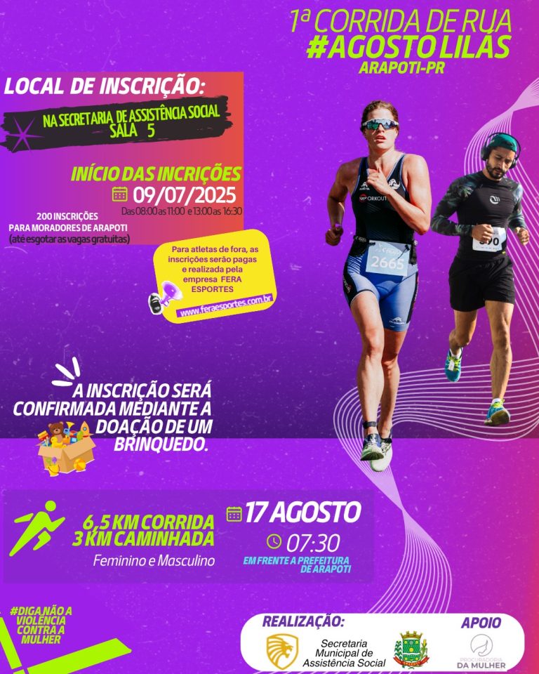 Prefeitura de Arapoti abre inscrições para a 1ª Corrida e Caminhada do Agosto Lilás